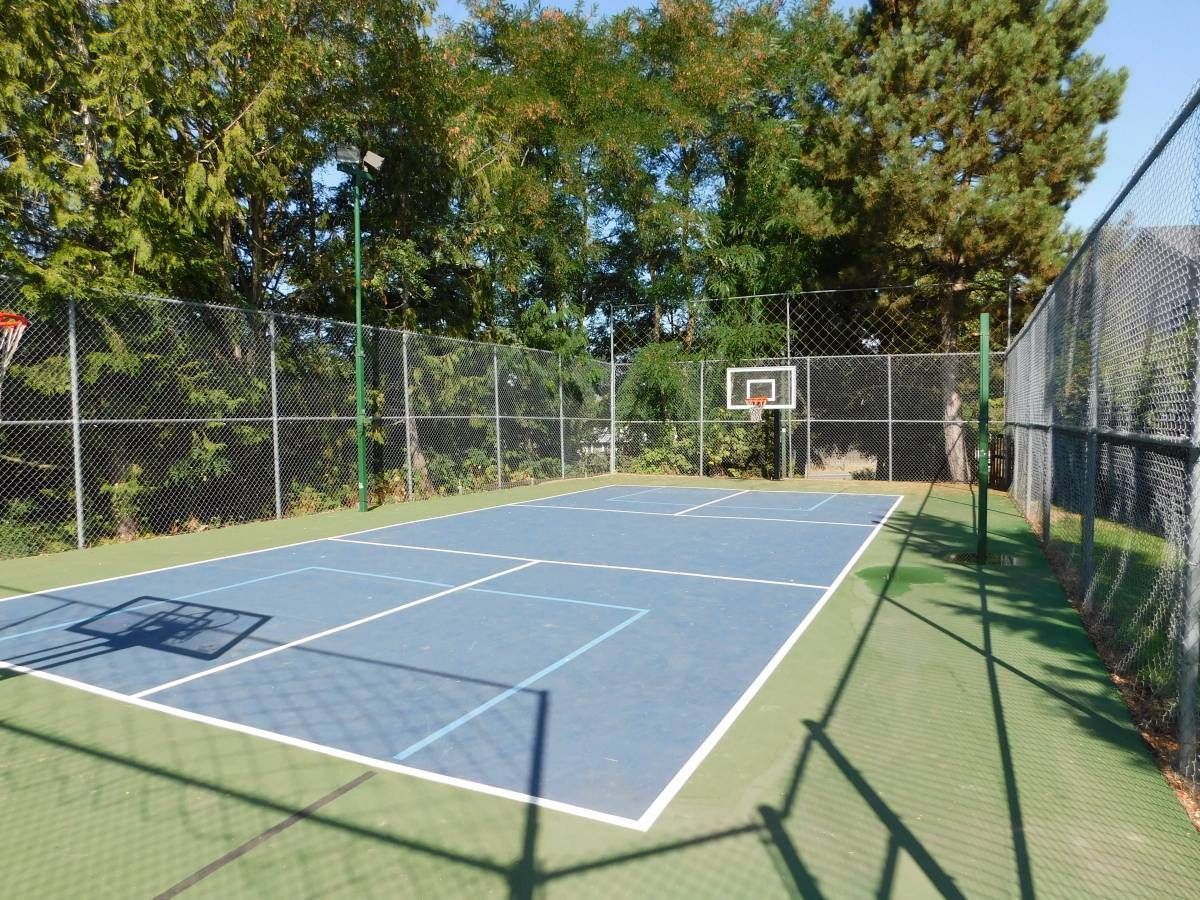 Outdoor basketball court with blue surface and green fence. Trees in background.