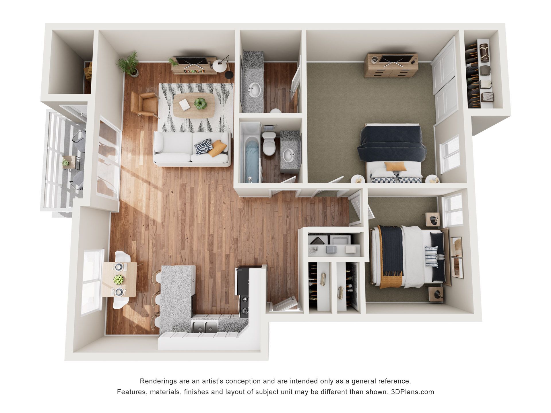 Floor plan of a two-bedroom apartment with a kitchen, living room, and balcony, furnished.