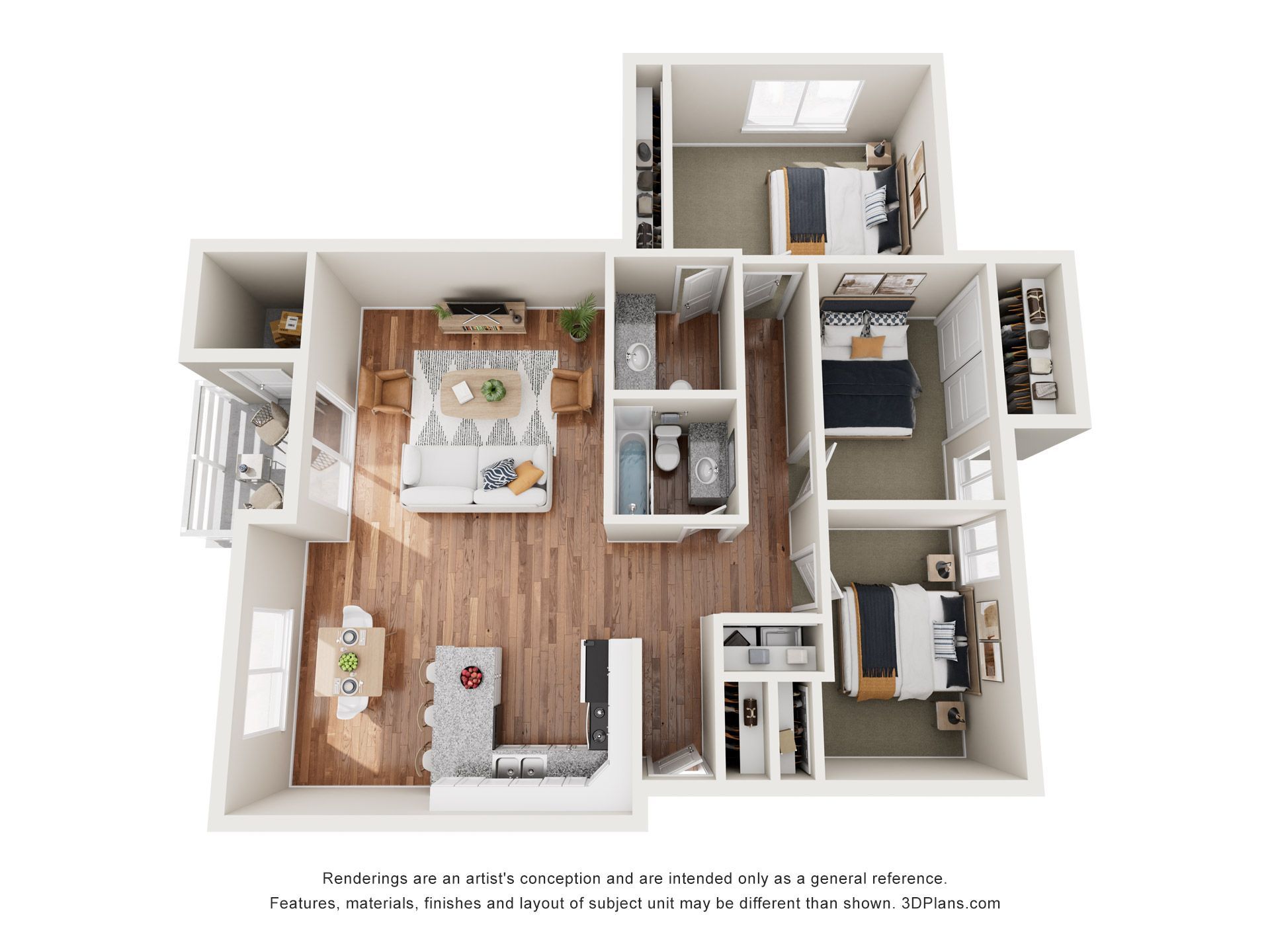 3D floor plan of an apartment with 3 bedrooms, kitchen, living room, and two bathrooms.