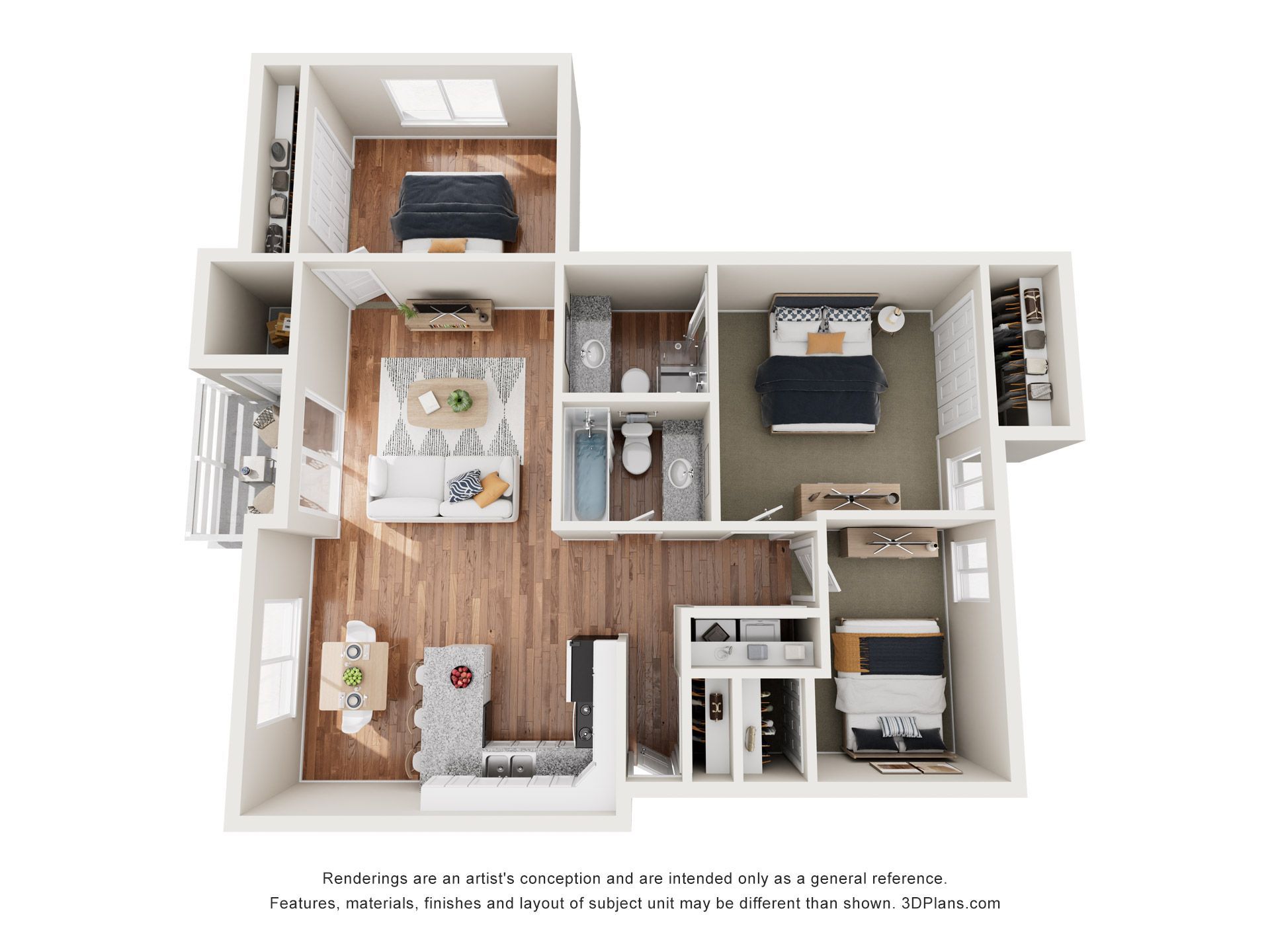 Floor plan of a two-bedroom apartment with a kitchen, living room, two bathrooms, and a balcony.