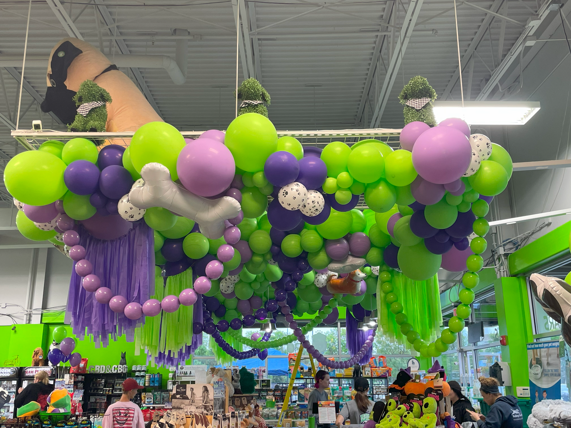 A bunch of balloons are hanging from the ceiling of a store.
