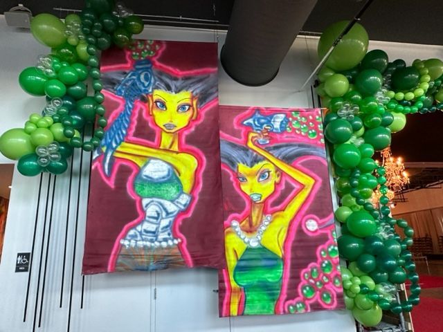 Two paintings of a woman with balloons around them