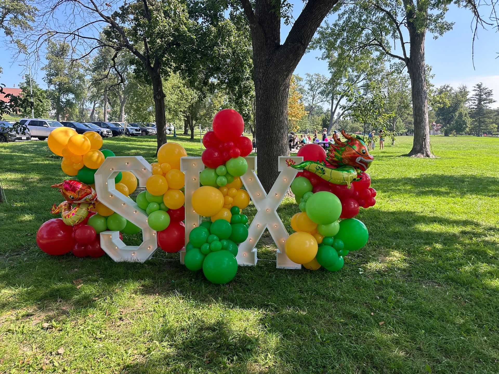 A bunch of balloons are sitting on top of a sign that says six in a park.
