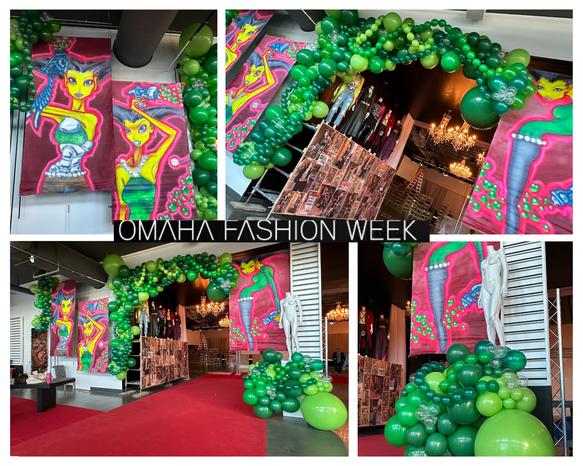 A collage of photos of a room decorated for omaha fashion week