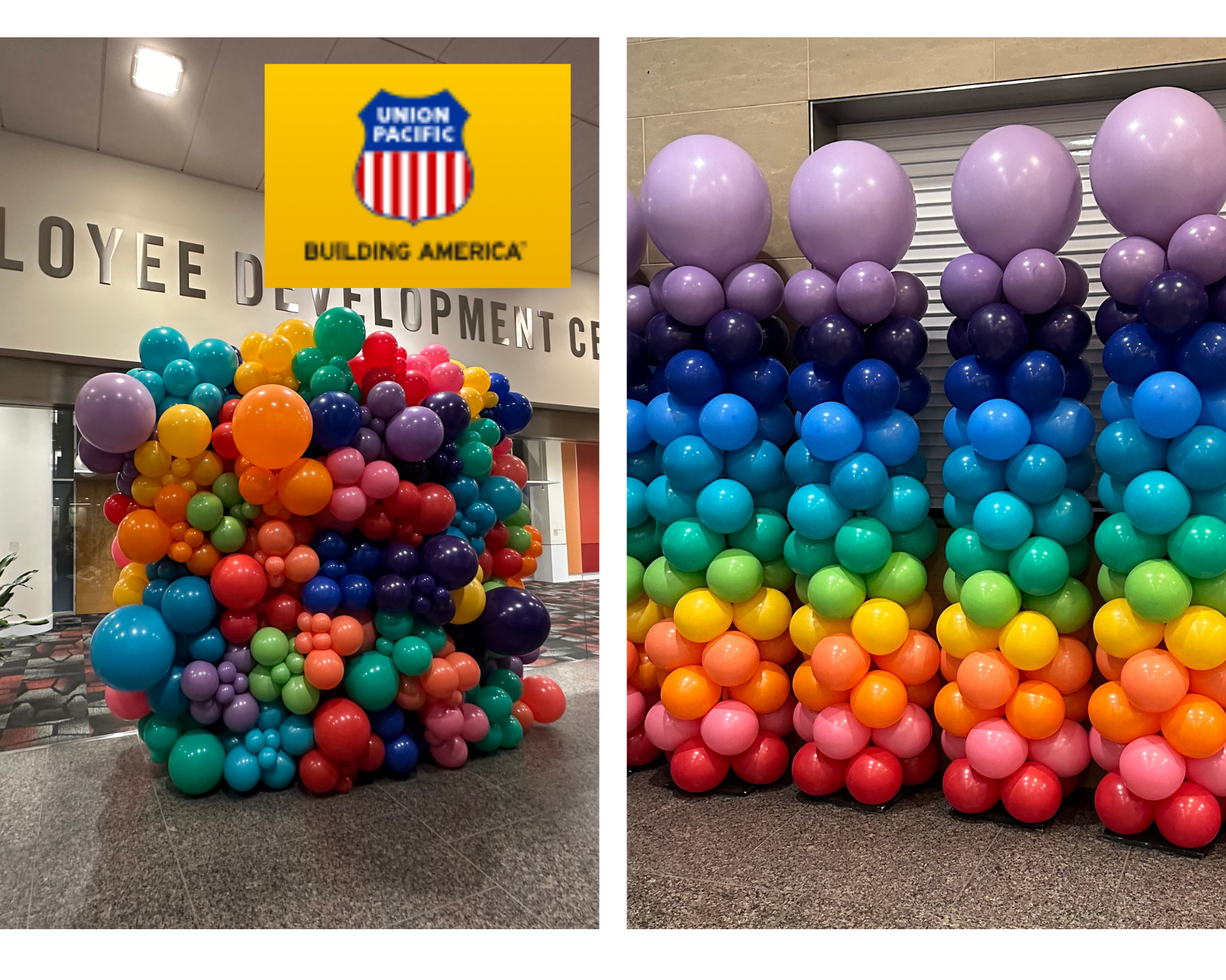 A bunch of colorful balloons are stacked on top of each other