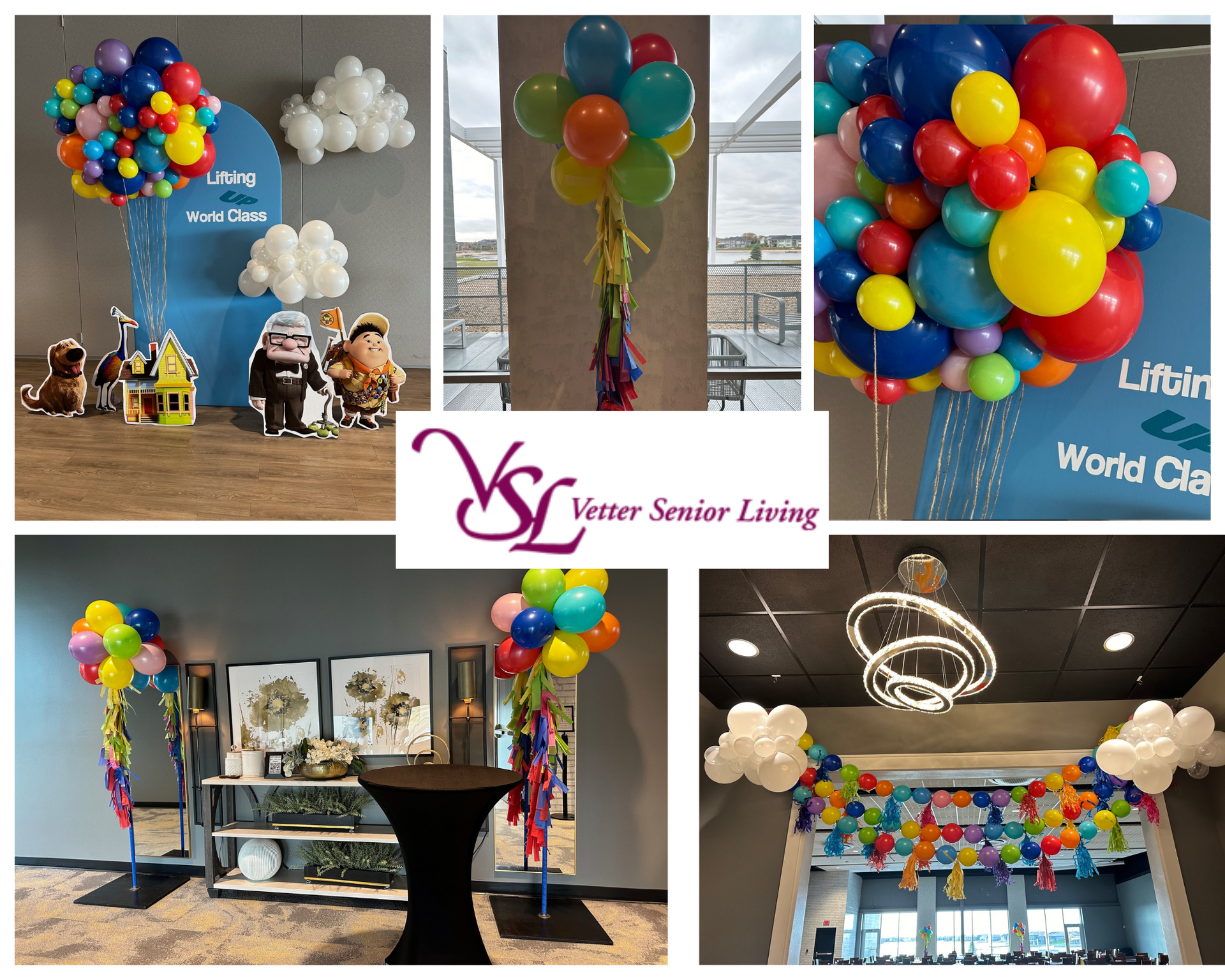 A collage of pictures of balloons and a sign that says ysl