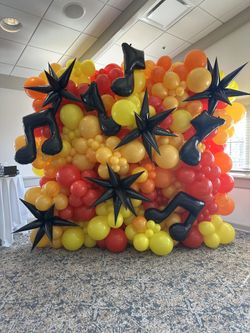 A collage of pictures of balloons on a wall
