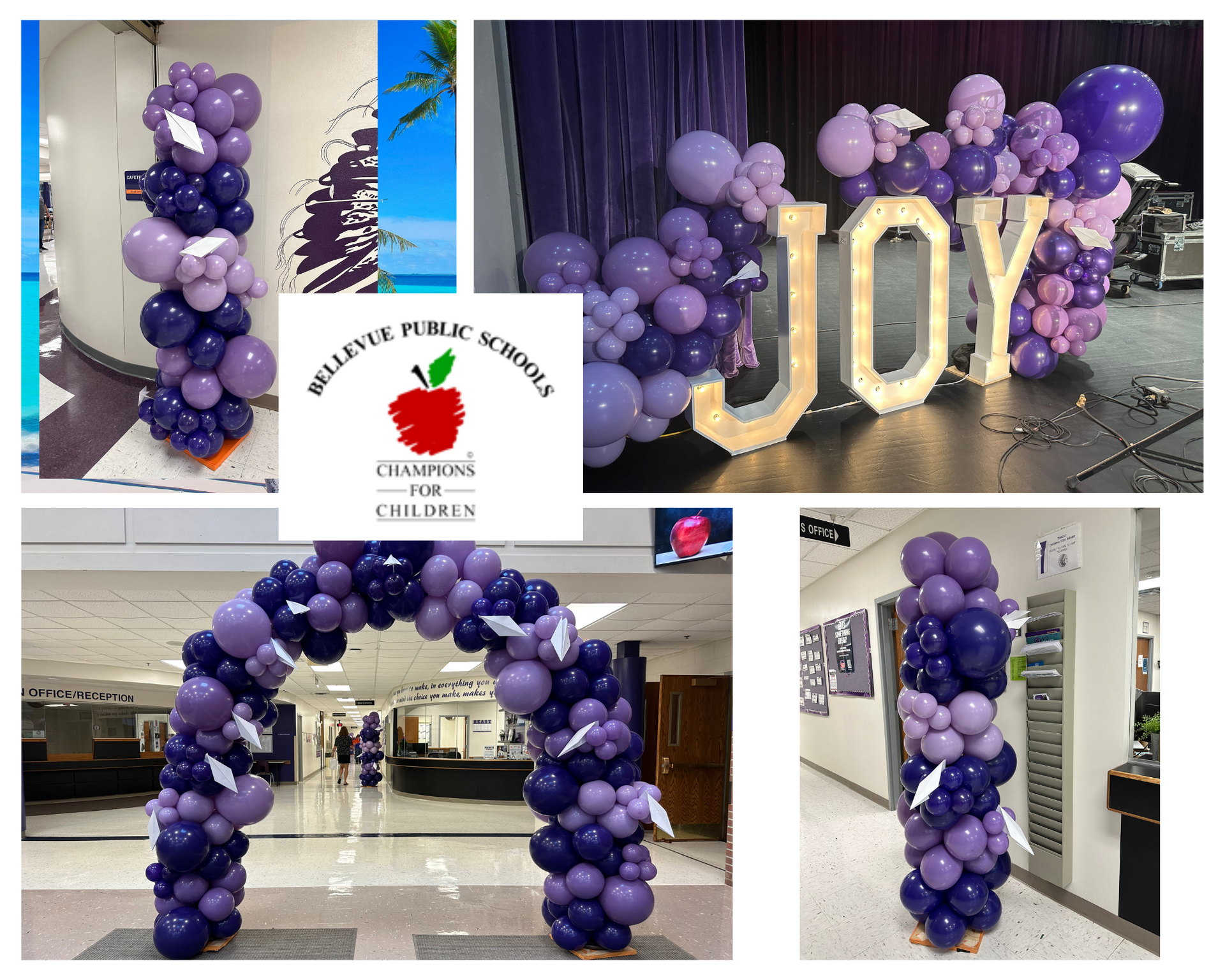 A collage of photos of purple balloons and a sign that says joy