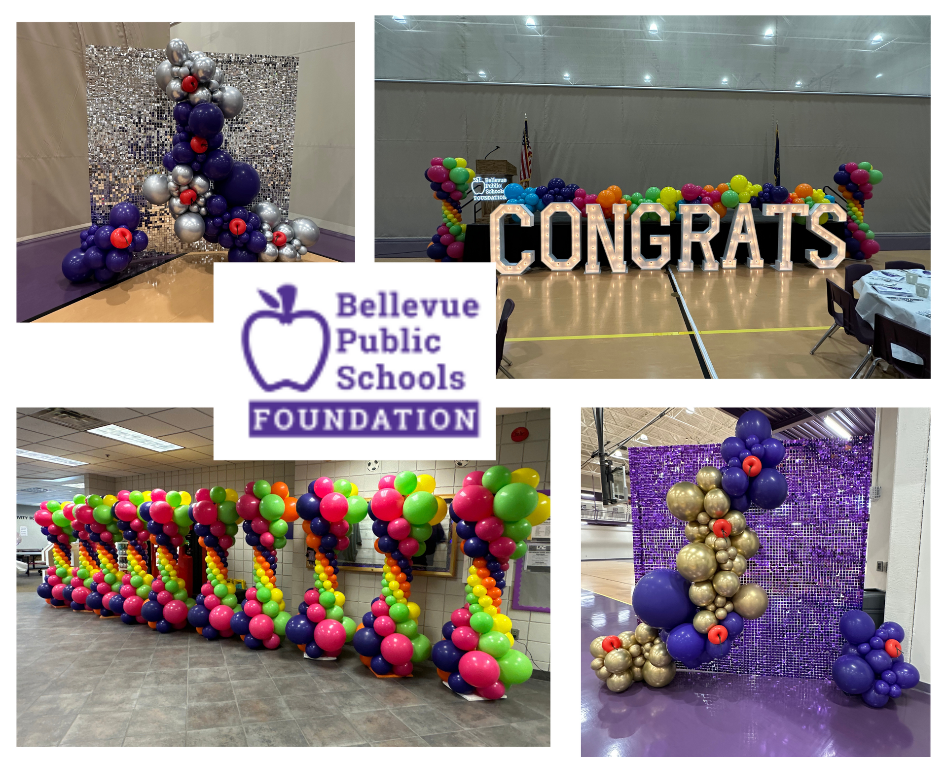 A collage of photos of balloons decorated for bellevue public schools foundation