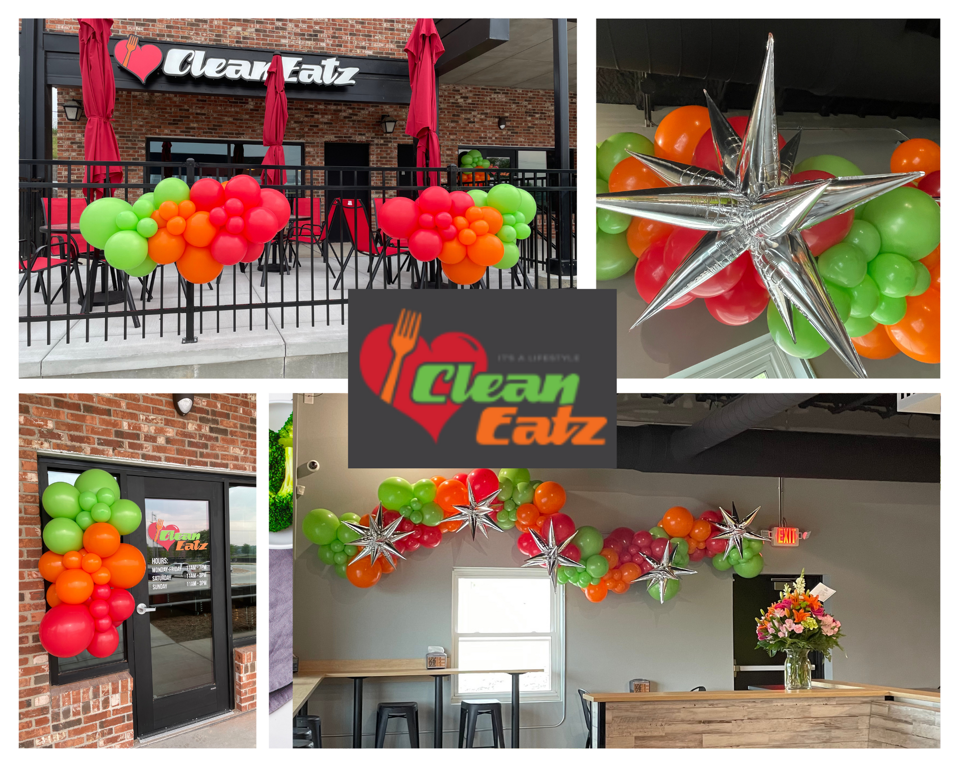 A clean eatz restaurant is decorated with balloons