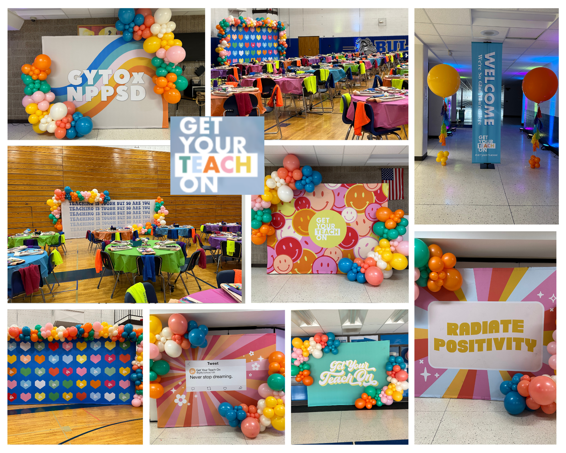 A collage of pictures with balloons and a sign that says get your teach on