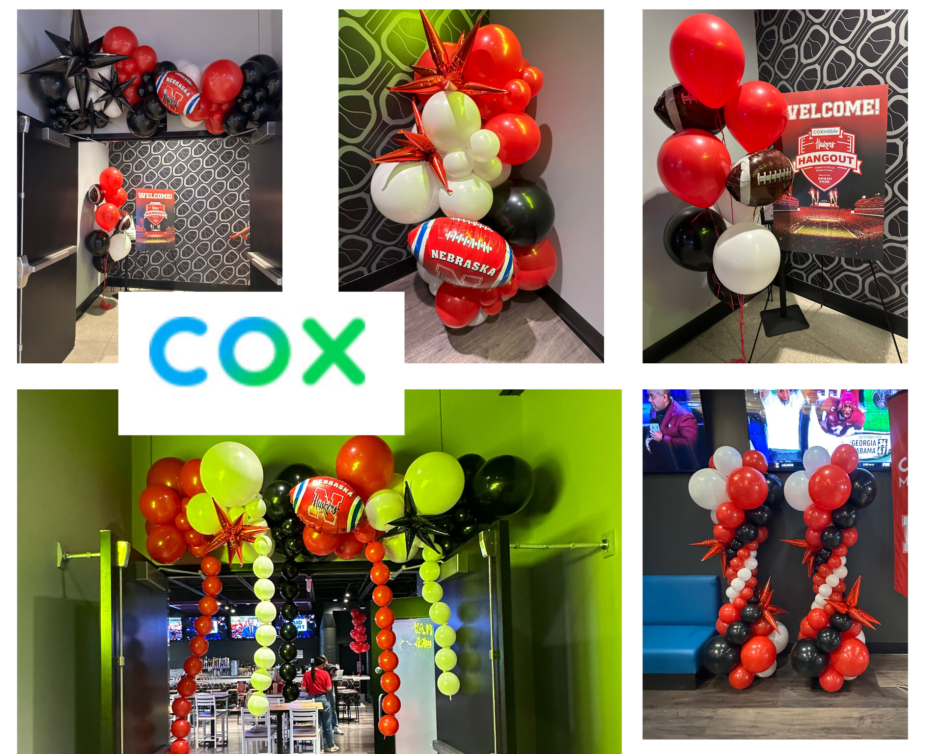 A collage of pictures of balloons and a cox logo