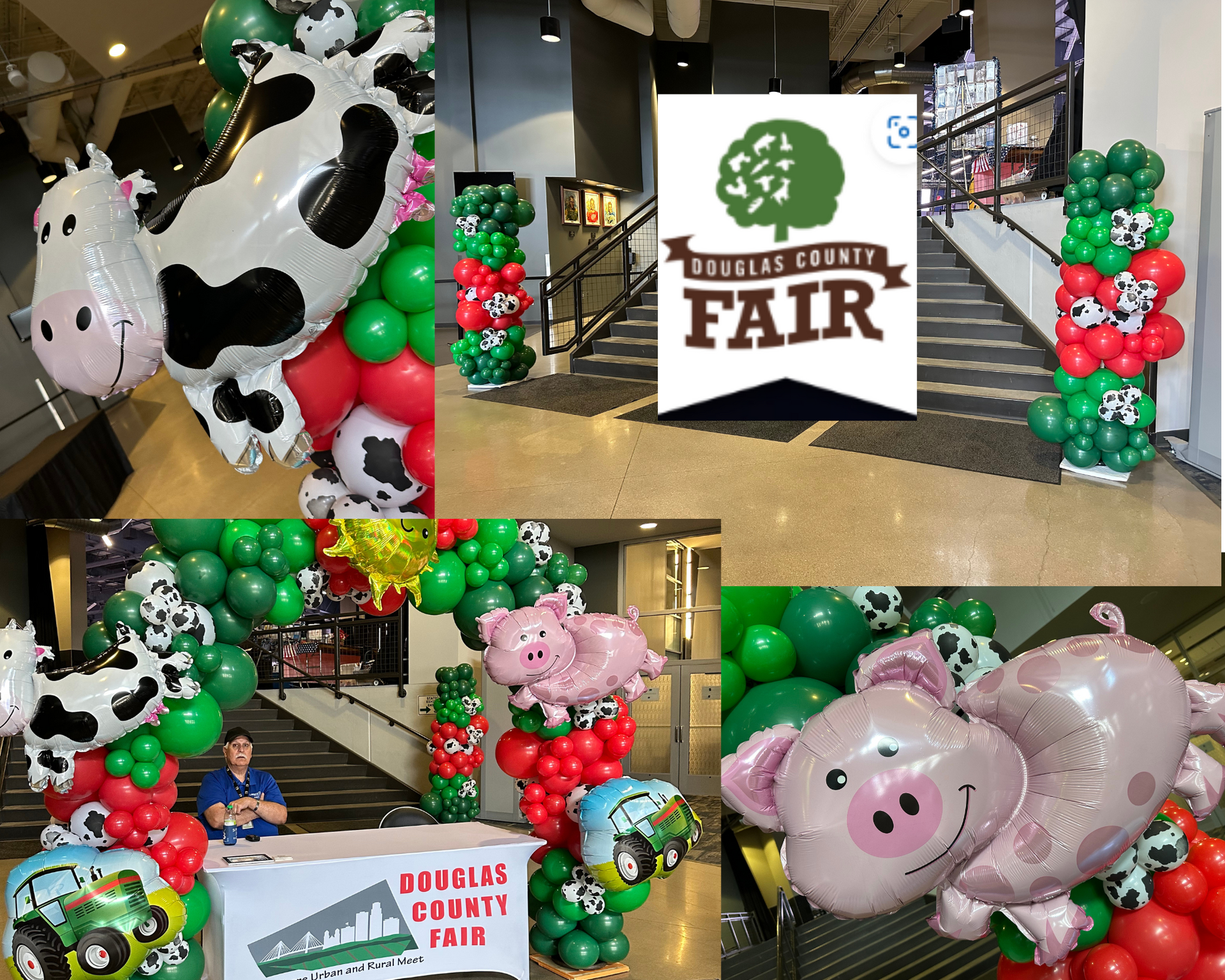 A collage of balloons and a sign that says fair