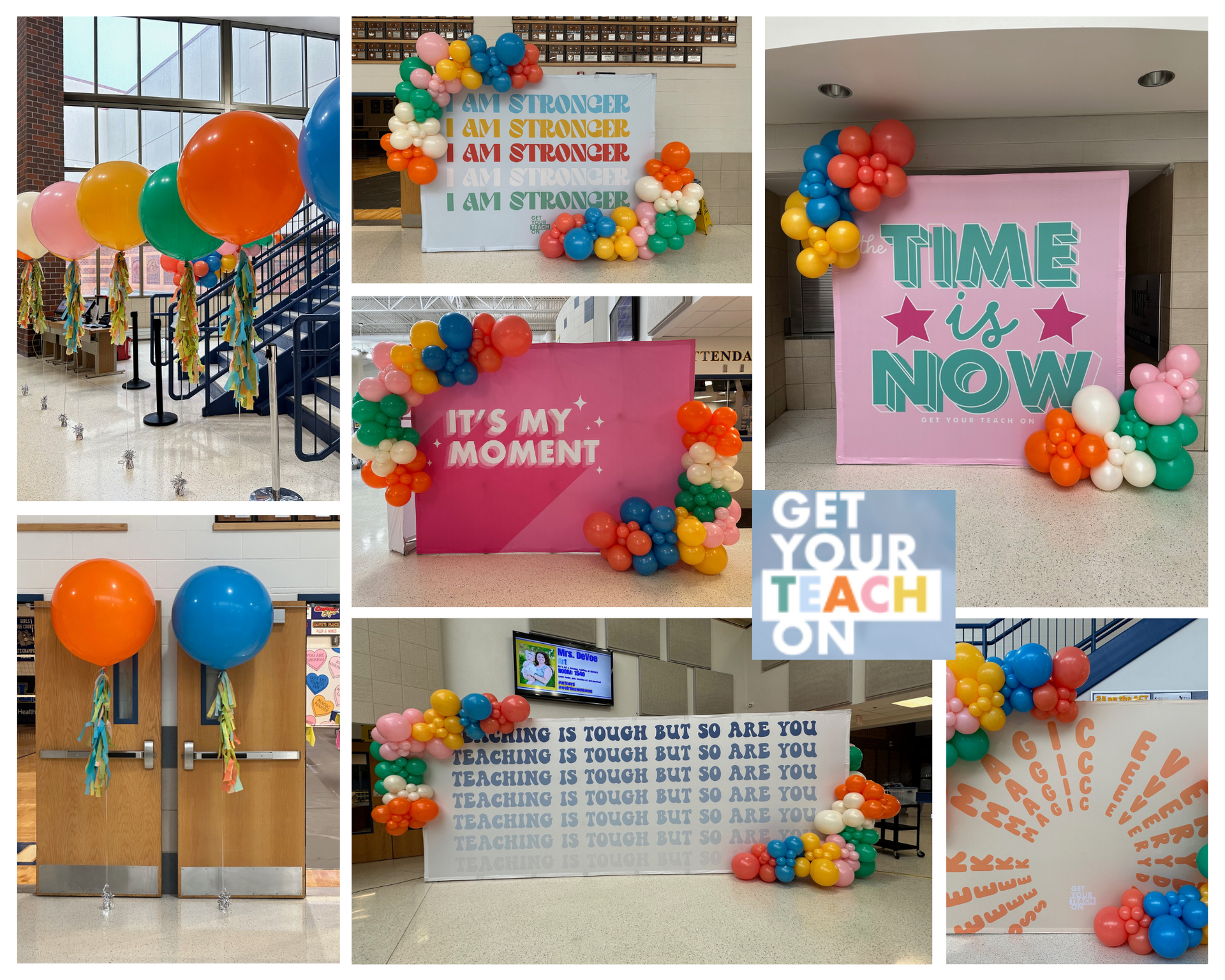 A collage of balloons and a sign that says time is now