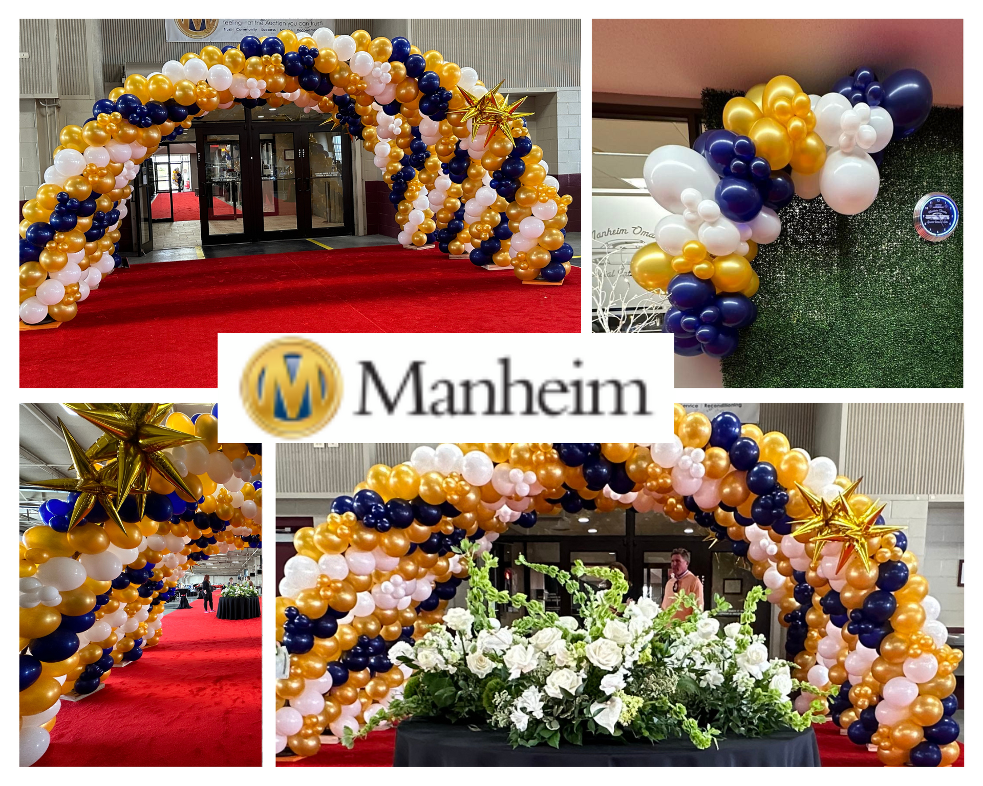 A collage of balloons with the manheim logo in the middle