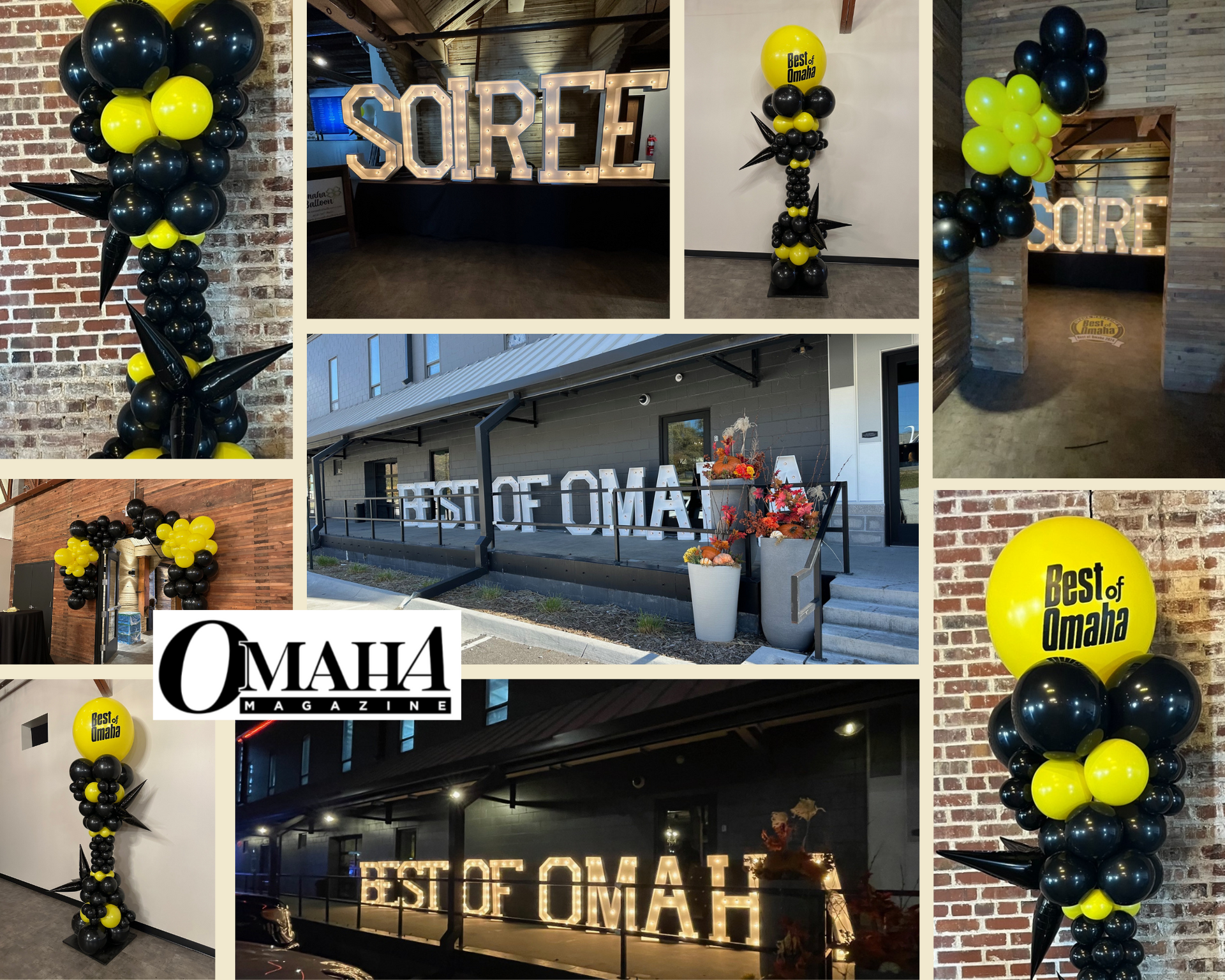 A collage of photos of balloons and a sign that says soiree