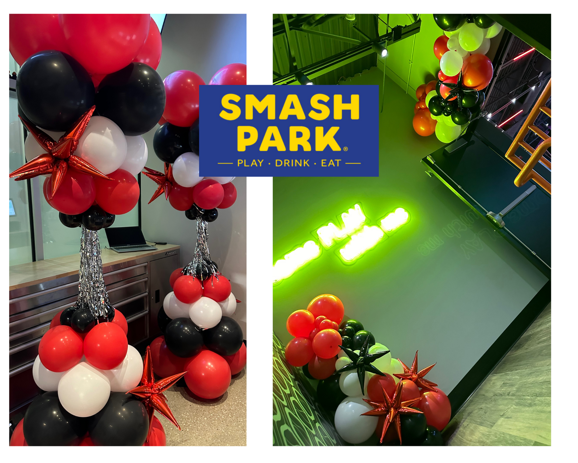 A bunch of red and black balloons are displayed in smash park