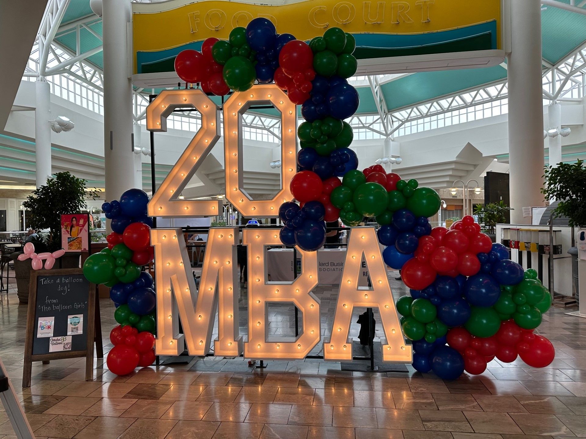 A large sign that says mba is surrounded by balloons.