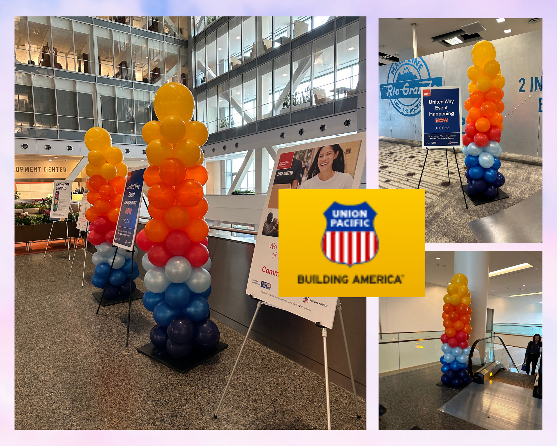 A collage of balloons and a sign that says union pacific building america