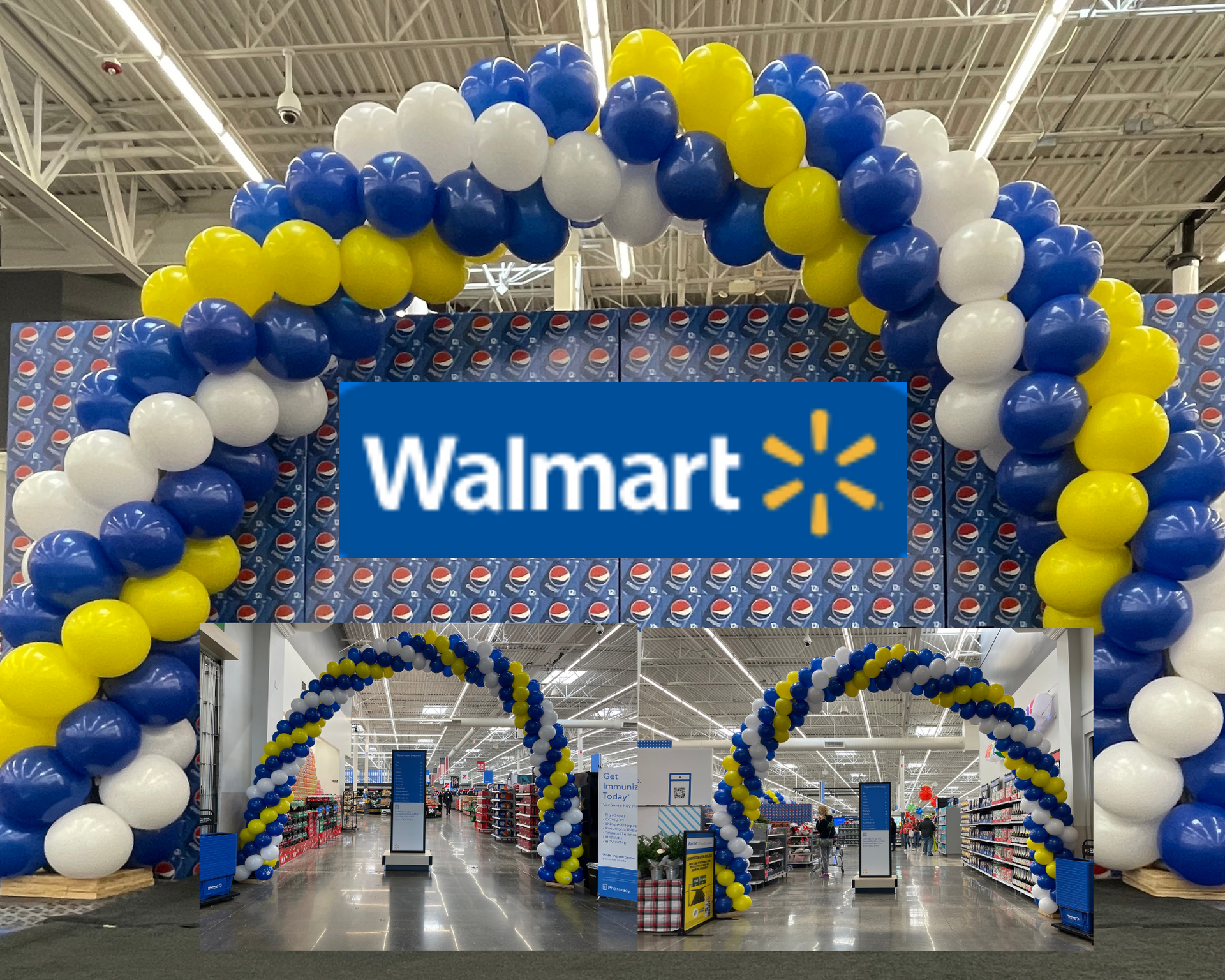 A walmart store is decorated with blue and yellow balloons