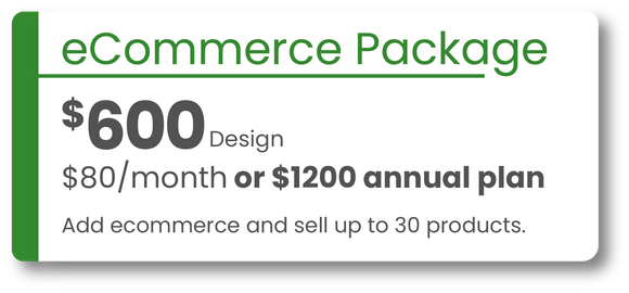 A sticker that says ecommerce package $ 600 $ 80 / month or $ 1200 annual plan add ecommerce and sell up to 30 products.