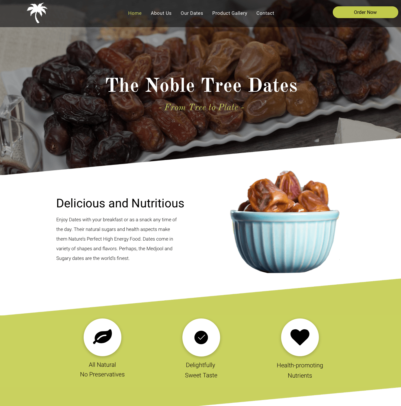 A website for the noble tree dates shows a bowl of dates