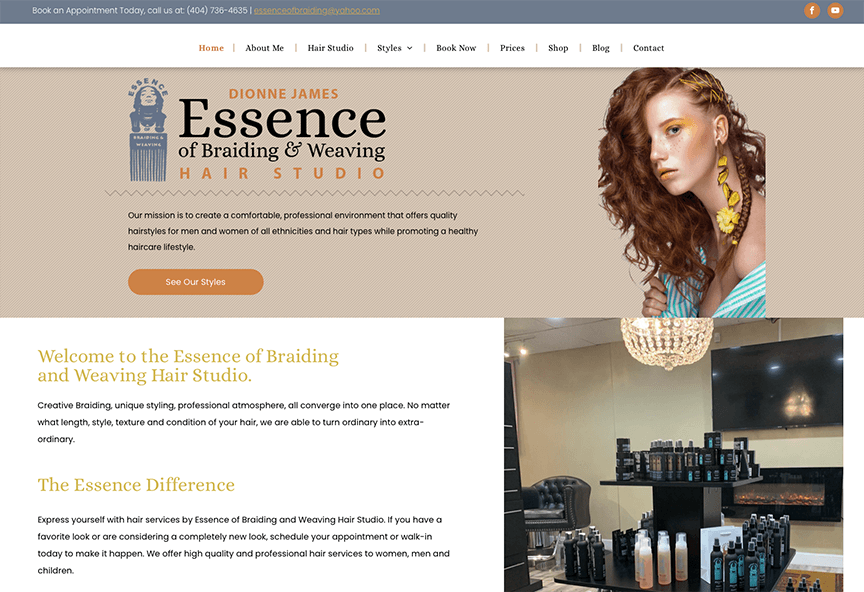 A screenshot of the website for essence of braiding and wearing hair studio.