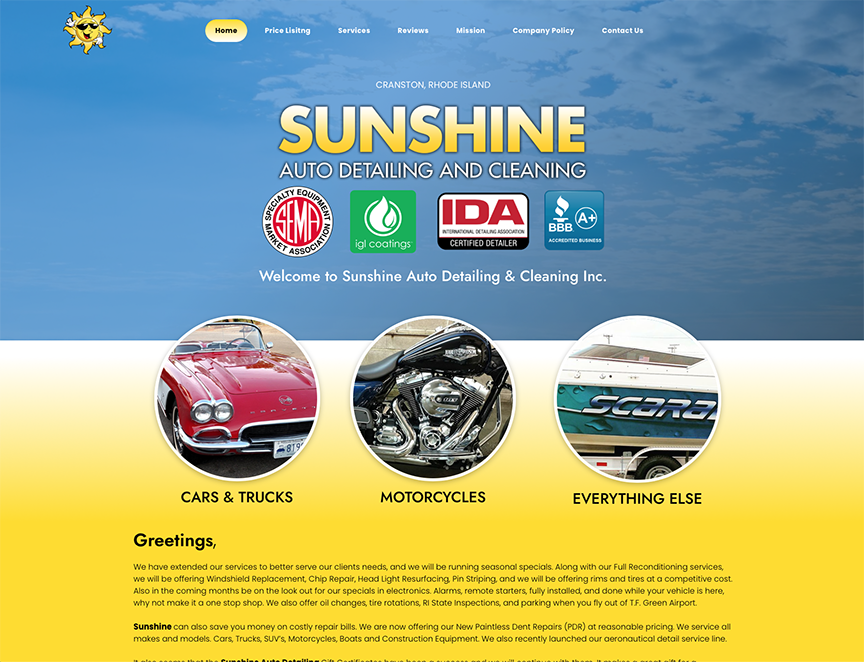 The website for sunshine auto detailing and cleaning shows a car , motorcycle , and boat.