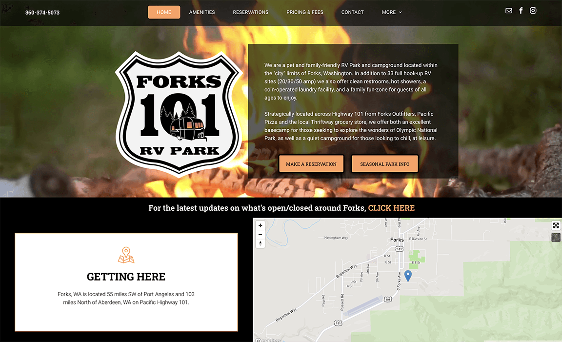 A screenshot of the forks 101 rv park website.