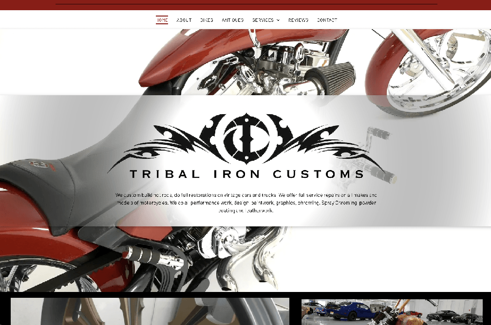A website for tribal iron customs shows a red motorcycle