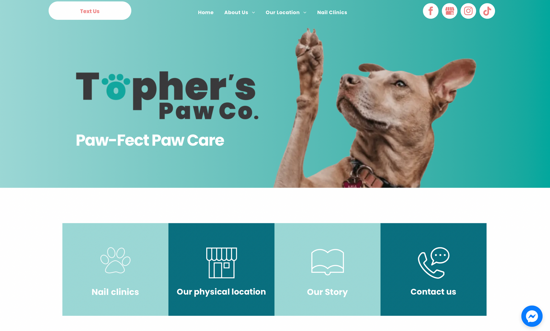 A website for a dog grooming company called topher 's paw co.