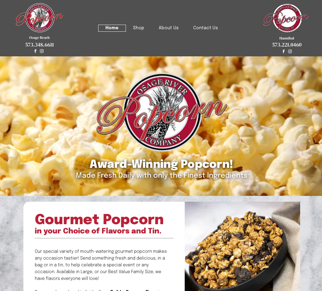 A gourmet popcorn website has a picture of popcorn on the homepage