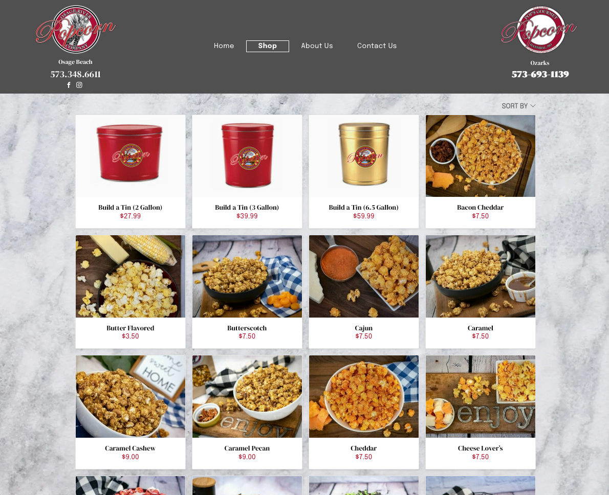A website displays a variety of different types of popcorn.