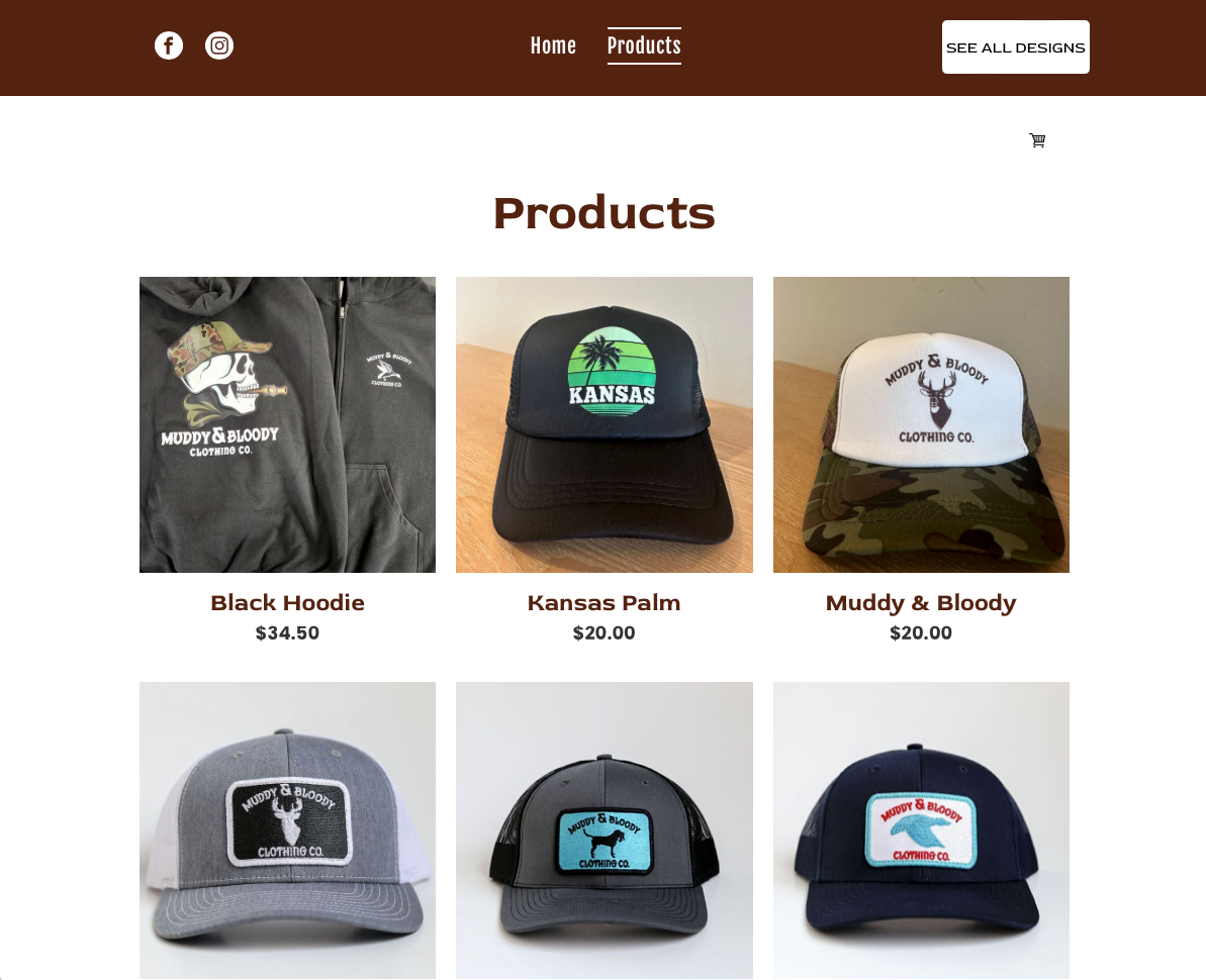 A website displays a variety of hats and hoodies.