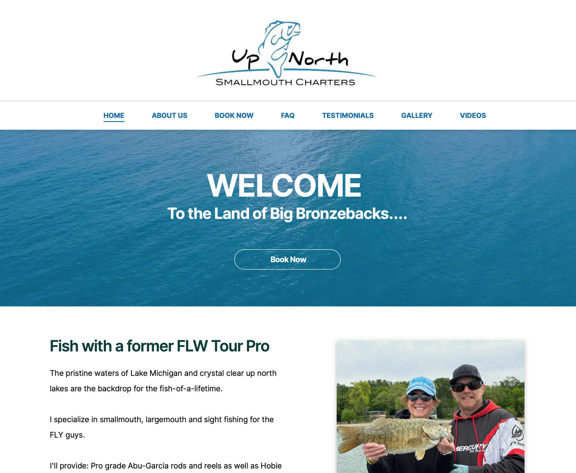A screenshot of the website for up north fishing adventures.