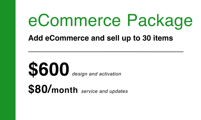 A sign that says ecommerce package add ecommerce and sell up to 30 items