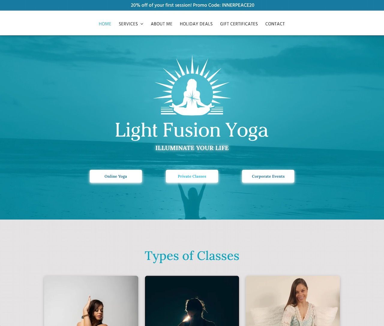 A website for light fusion yoga shows types of classes