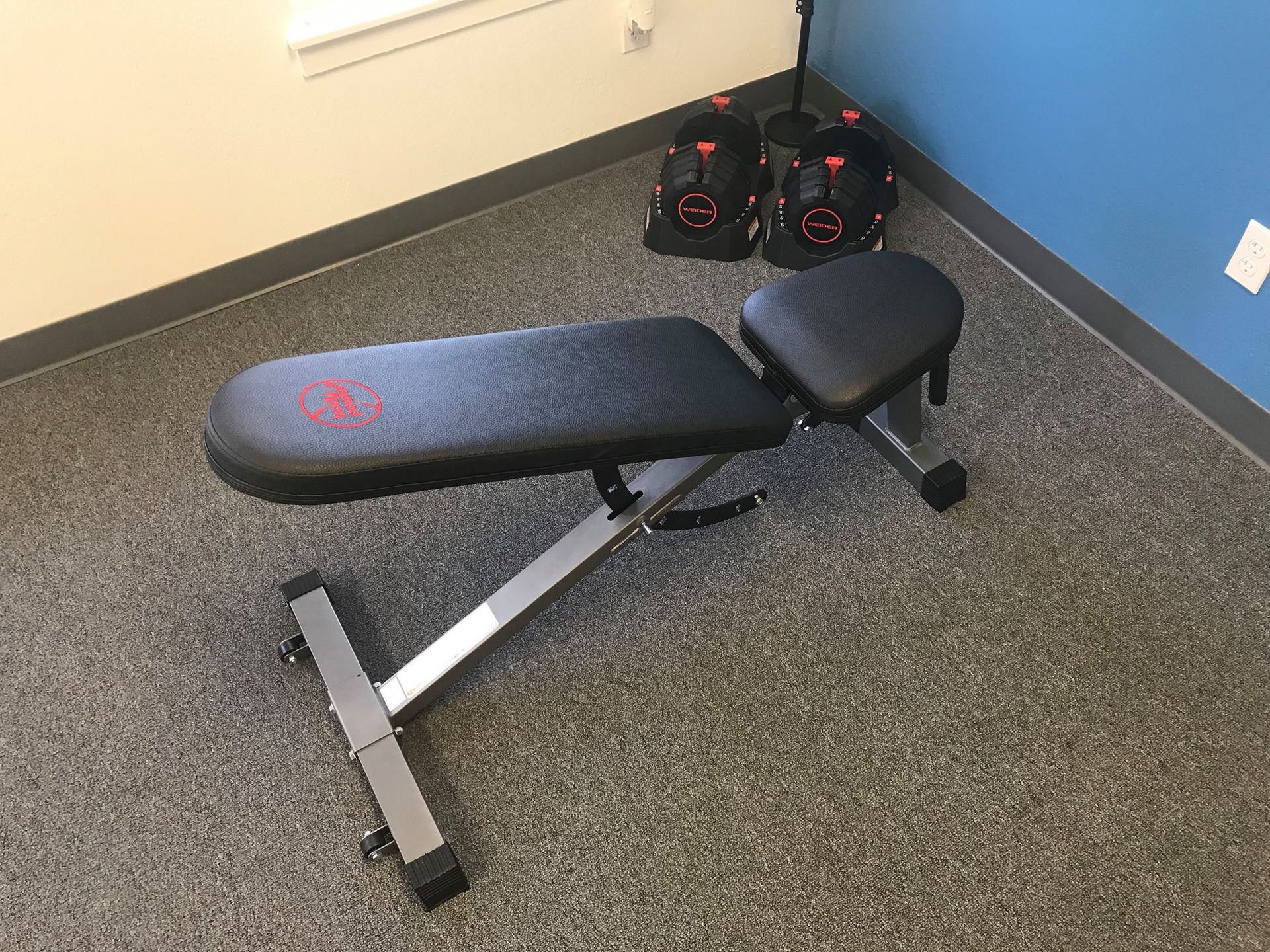 A bench is sitting in a room next to a pair of dumbbells.