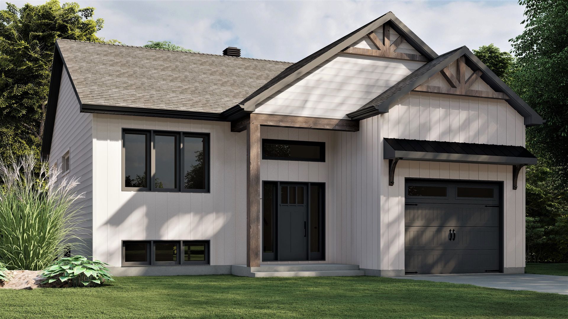 Vue d'artiste d'une petite maison avec garage.