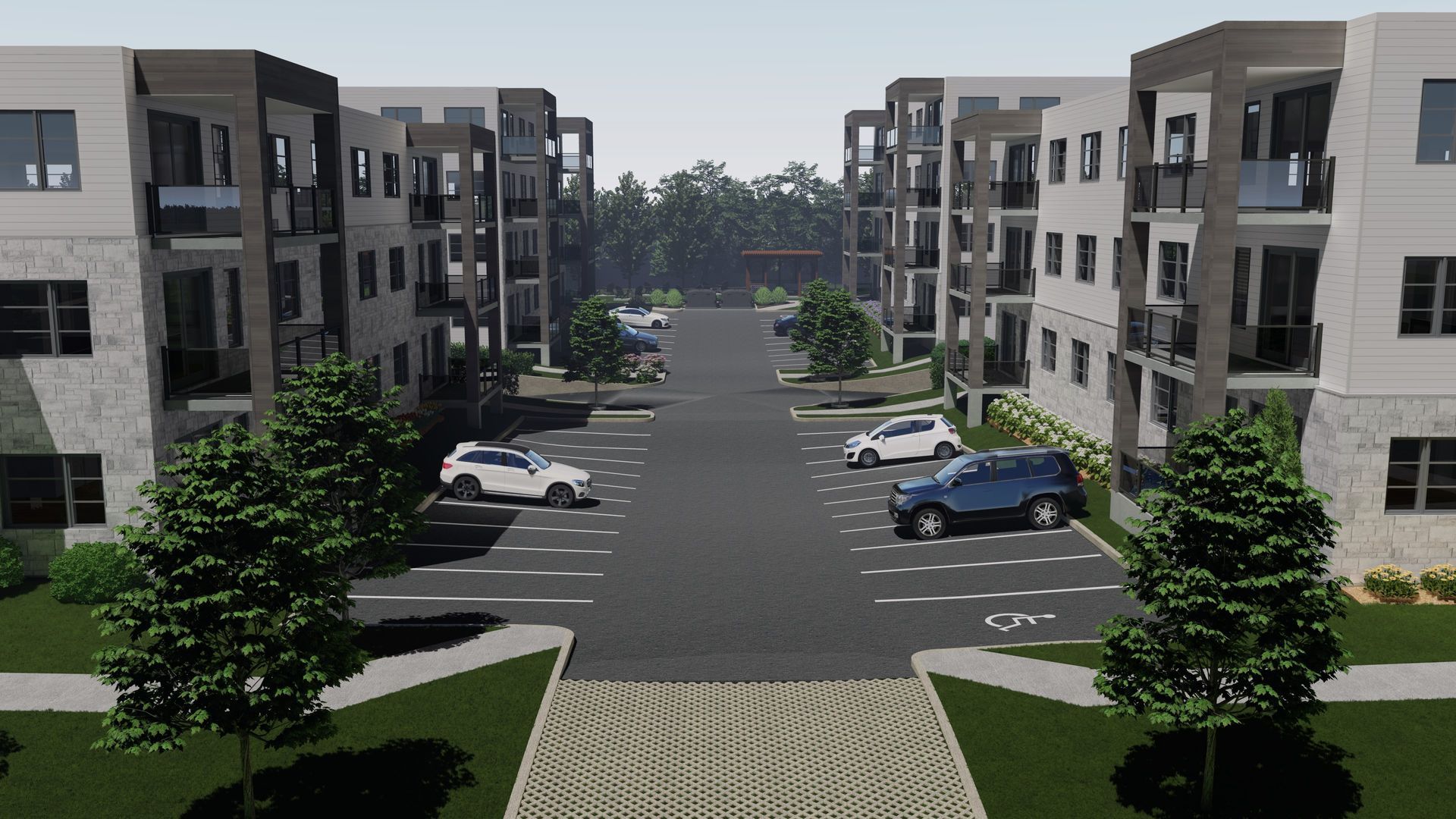 Une impression d'artiste d'un immeuble d'appartements avec des voitures garées devant.