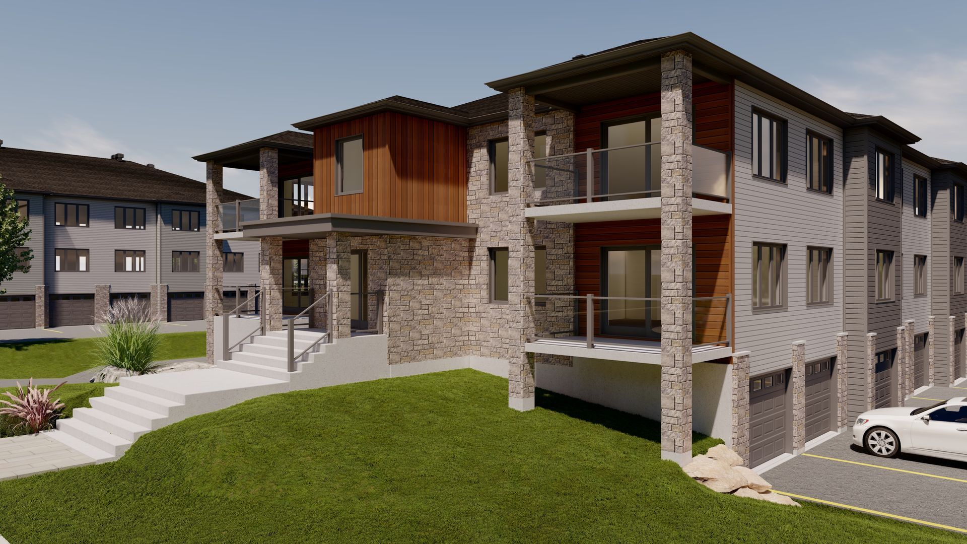 Vue d'artiste d'une maison avec garage et escalier.