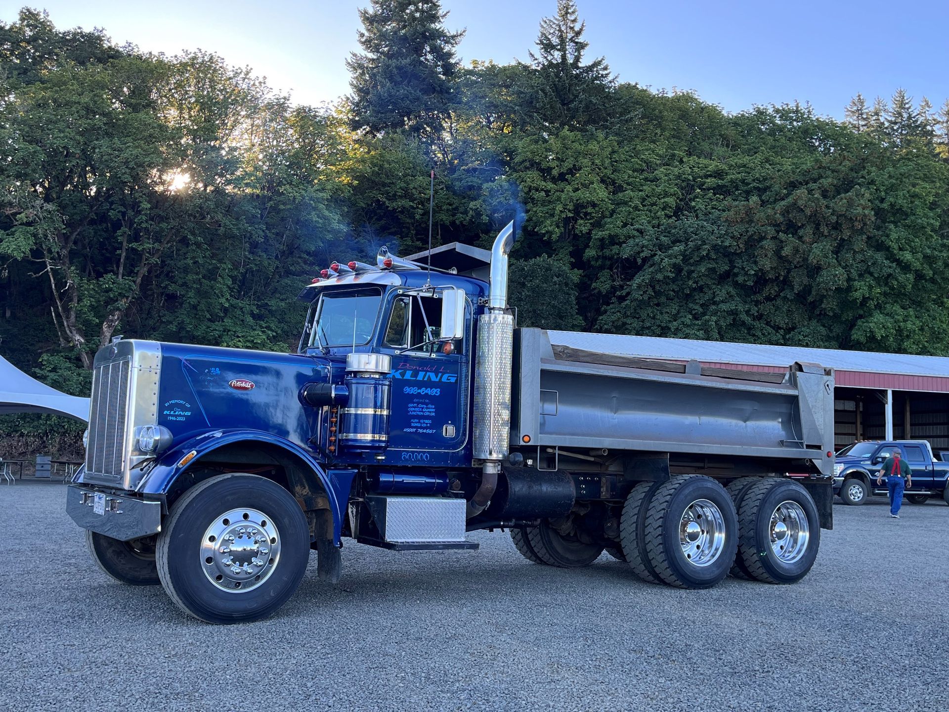 A blue dump truck