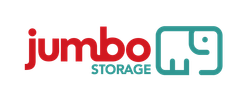 Logotipo da Jumbo Storage com texto vermelho e um ícone de elefante em estilo linear na cor verde-azulada.