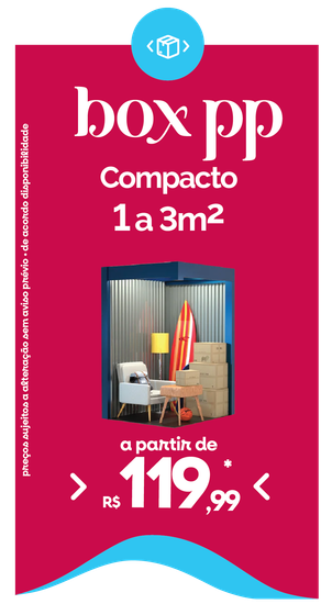 Anúncio de um box de armazenamento de 1 a 3 m² a partir de R$ 119,99, com a imagem de um pequeno depósito cheio.