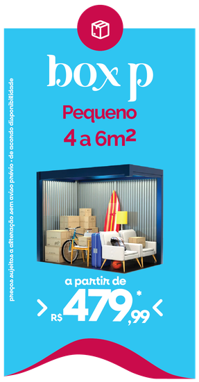 Anúncio de um box de armazenamento de 4 a 6m² a partir de R$ 479,99, com foto de um box de armazenamento cheio.