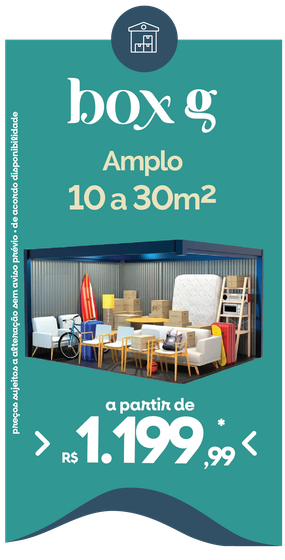 Anúncio na cor verde-azulada para um amplo depósito de 10 a 30 m², a partir de R$ 1.199,99, mobiliado com móveis e caixas.