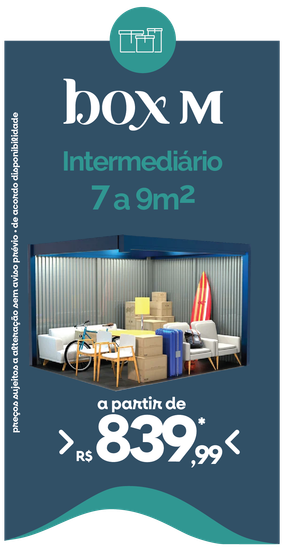 Anúncio de um depósito de 7 a 9 m² a partir de R$ 839,99, com ilustração de itens embalados dentro de uma caixa.