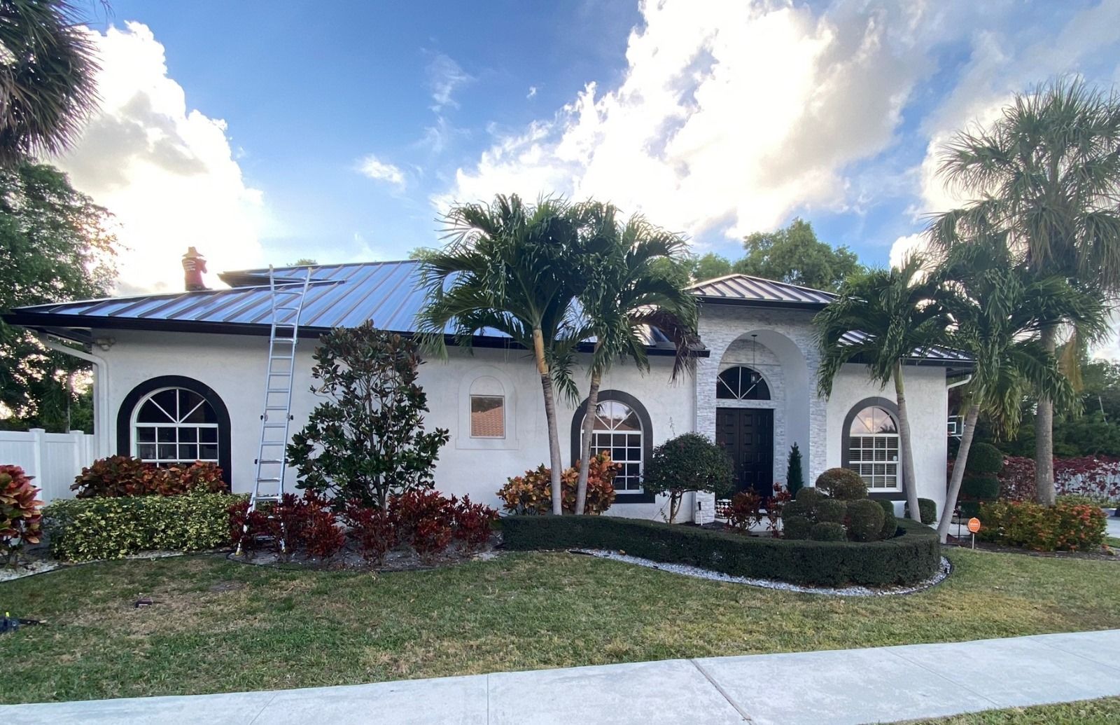 A white house with a metal roof and palm trees in front of it.