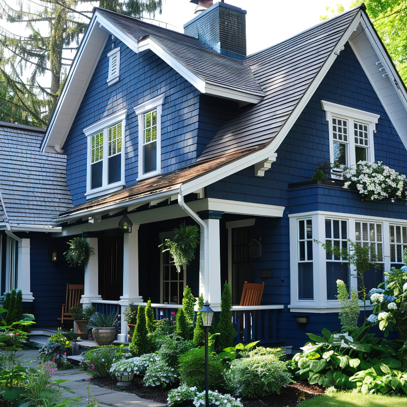 A blue house with white trim and lots of windows