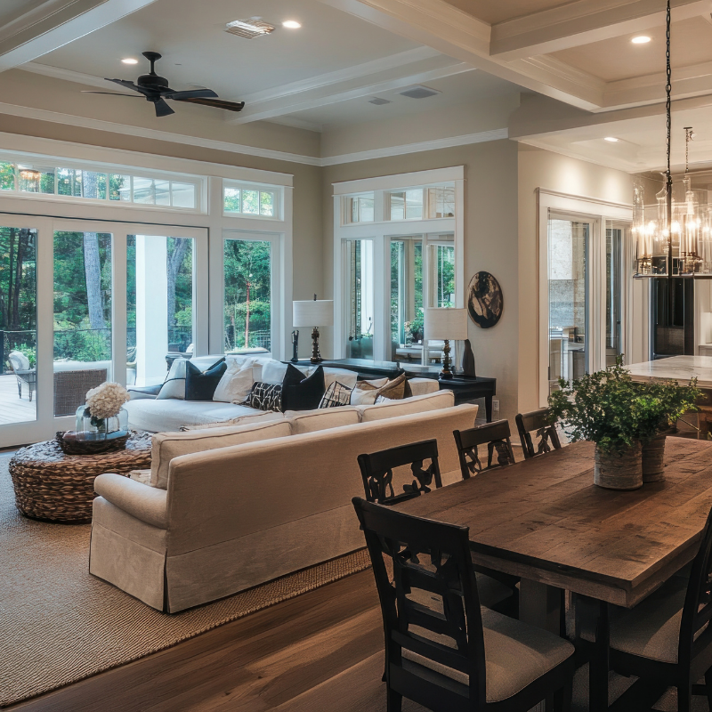 A living room with a couch a table and chairs